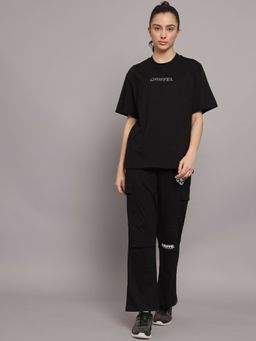 Griffel - Women Printed Loose fit Black T-shirt and Bell Bottom Trackpant (Set of 2)