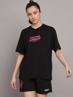 Griffel - Women Teddy Printed Loose fit Black T-shirt and Shorts (Set of 2)