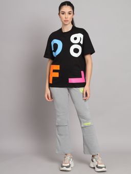 Griffel - Women Printed Loose fit Black T-shirt and Camel Bell Bottom Trackpant (Set of 2)