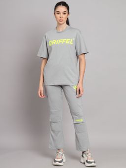 Griffel - Women Printed Loose fit Steel Grey T-shirt and Bell Bottom Trackpant (Set of 2)