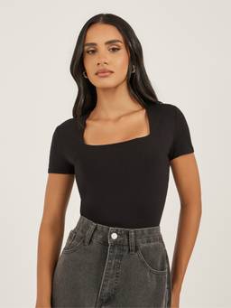 Styli - Women Black Solid Square-Neck Fitted Short Sleeve T-Shirt