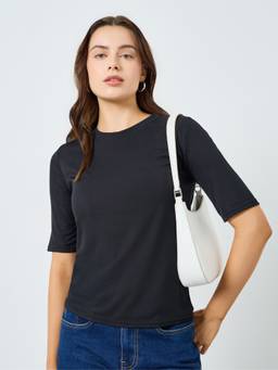 Styli - Women Black Solid Short Sleeves Fitted Round-Neck T-Shirt