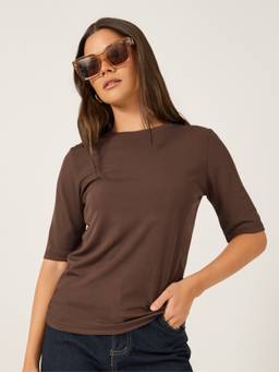 Styli - Women Brown Solid Short Sleeves Fitted Round-Neck T-Shirt