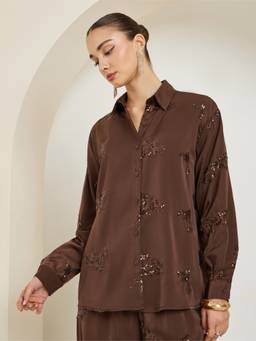Styli - Women Brown Embellished Regular Fit Satin Shirt