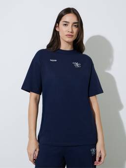 Styli - Women Navy Blue Oversized Round-Neck T-Shirt