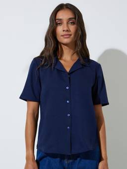 Styli - Women Navy Blue Solid Cuban Collar Short-Sleeve Relaxed Fit Shirt