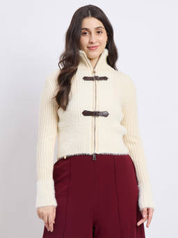 Madame - Bow Accented High Neck Beige Cardigan