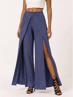 Moomaya - Women's Blue High Waist Overlap Slit Wide Leg Trouser