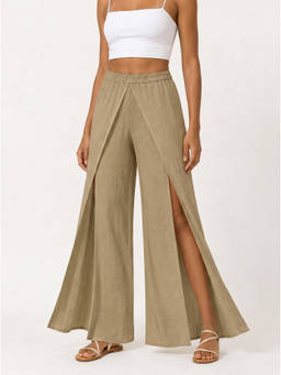 Moomaya - Women's Beige High Waist Overlap Slit Wide Leg Trouser