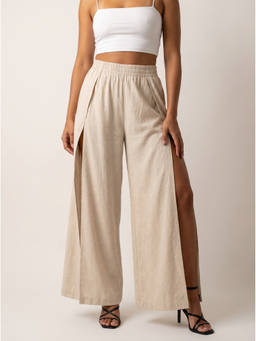 Moomaya - Women's Cream High Waist Overlap Slit Wide Leg Trouser