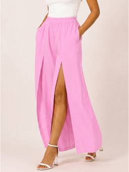 Moomaya - Women's Pink High Waist Front Slit Wide Leg Trouser
