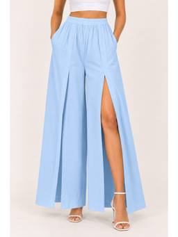 Moomaya - Women's Blue High Waist Front Slit Wide Leg Trouser