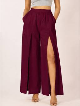 Moomaya - Women's Maroon High Waist Front Slit Wide Leg Trouser