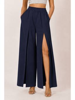 Moomaya - Women's Navy Blue High Waist Front Slit Wide Leg Trouser