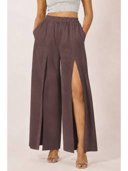 Moomaya - Women's Brown High Waist Front Slit Wide Leg Trouser