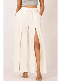 Moomaya - Women's Off White High Waist Front Slit Wide Leg Trouser
