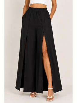 Moomaya - Women's Black High Waist Front Slit Wide Leg Trouser