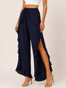 Moomaya - Women's Navy Blue Solid Wrap Around Frill Trouser
