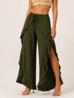 Moomaya - Women's Olive Solid Wrap Around Frill Trouser