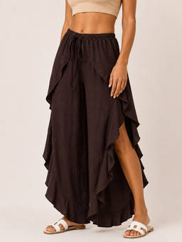 Moomaya - Women's Brown Solid Wrap Around Frill Trouser