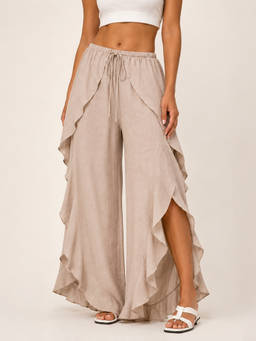 Moomaya - Women's Beige Solid Wrap Around Frill Trouser