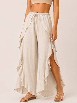 Moomaya - Women's Cream Solid Wrap Around Frill Trouser