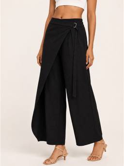 Moomaya - Women's Black High Rise Side Flap Wide Leg Trouser