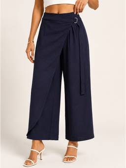 Moomaya - Women's Navy Blue High Rise Side Flap Wide Leg Trouser