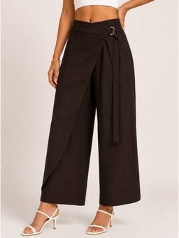 Moomaya - Women's Brown High Rise Side Flap Wide Leg Trouser