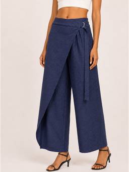 Moomaya - Women's Blue High Rise Side Flap Wide Leg Trouser