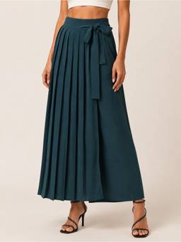 Moomaya - Women's Green High Waist Pleated Wrap Trouser