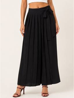Moomaya - Women's Black High Waist Pleated Wrap Trouser