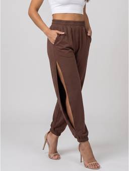 Moomaya - Women's Brown High Waist Open Side Slit Harem Pants