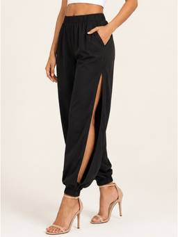 Moomaya - Women's Black High Waist Open Side Slit Harem Pants