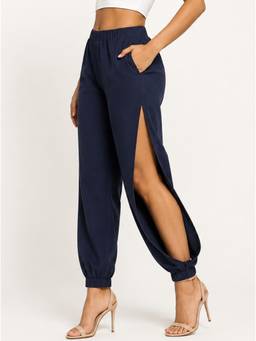 Moomaya - Women's Navy Blue High Waist Open Side Slit Harem Pants