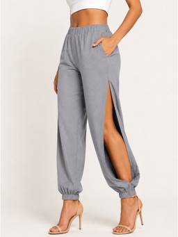 Moomaya - Women's Grey High Waist Open Side Slit Harem Pants