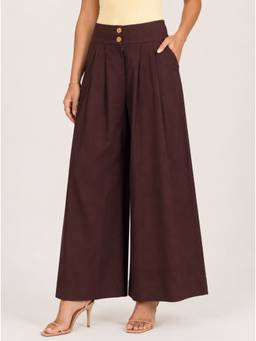 Moomaya - Women's Dark Brown Wide Leg Cotton Trouser
