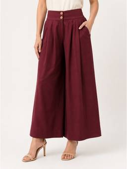 Moomaya - Women's Burgundy Wide Leg Cotton Trouser