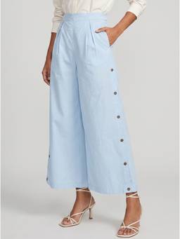Moomaya - Women's Cotton Blue High Waist Casual Trousers