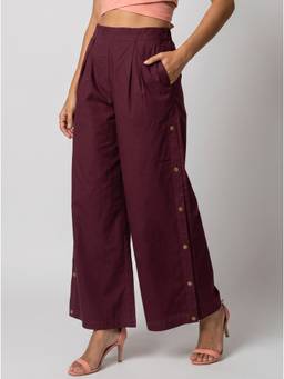 Moomaya - Women's Cotton Maroon High Waist Casual Trousers