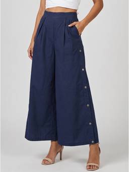 Moomaya - Women's Cotton Navy Blue High Waist Casual Trousers