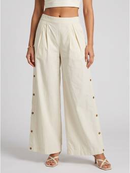 Moomaya - Women's Cotton Cream High Waist Casual Trousers