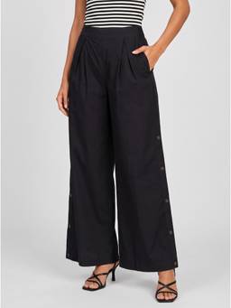 Moomaya - Women's Cotton Black High Waist Casual Trousers