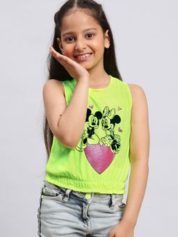 Kidsville - Kids Girls Mickey & Friends Neon Green Sleeveless Printed T-Shirt Top