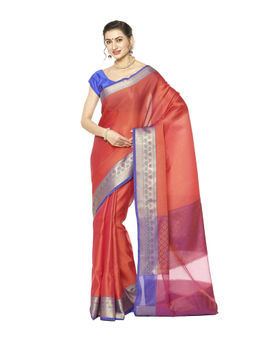 Banarasi Silk Works - Red Resham Zari Pattu Border Art Saree with Unstitched Blouse
