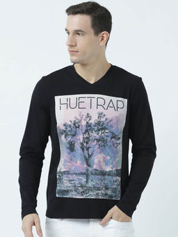 Huetrap - Mens Black Full Sleeves V Neck T-shirt