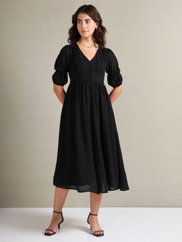 U.S. POLO ASSN. - V-Neck Solid Midi Dress Black