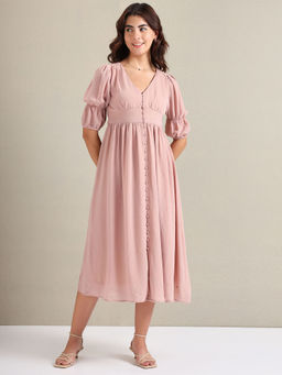 U.S. POLO ASSN. - V-Neck Solid Midi Dress Beige