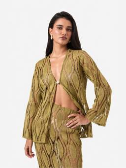 BEYOND - Green Crochet Full Sleeve Shrugs