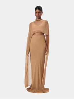 BEYOND - Tan Embellished Overlay Cape Top